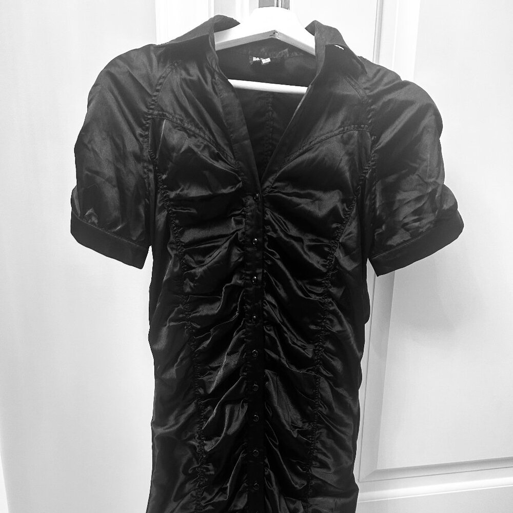 Black Satin Ruched Mini Dress